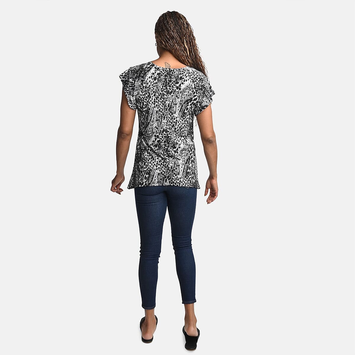 BRITANY BLACK Black Animal Stretch Flutter Sleeve Blouse with Sequin - L image number 1