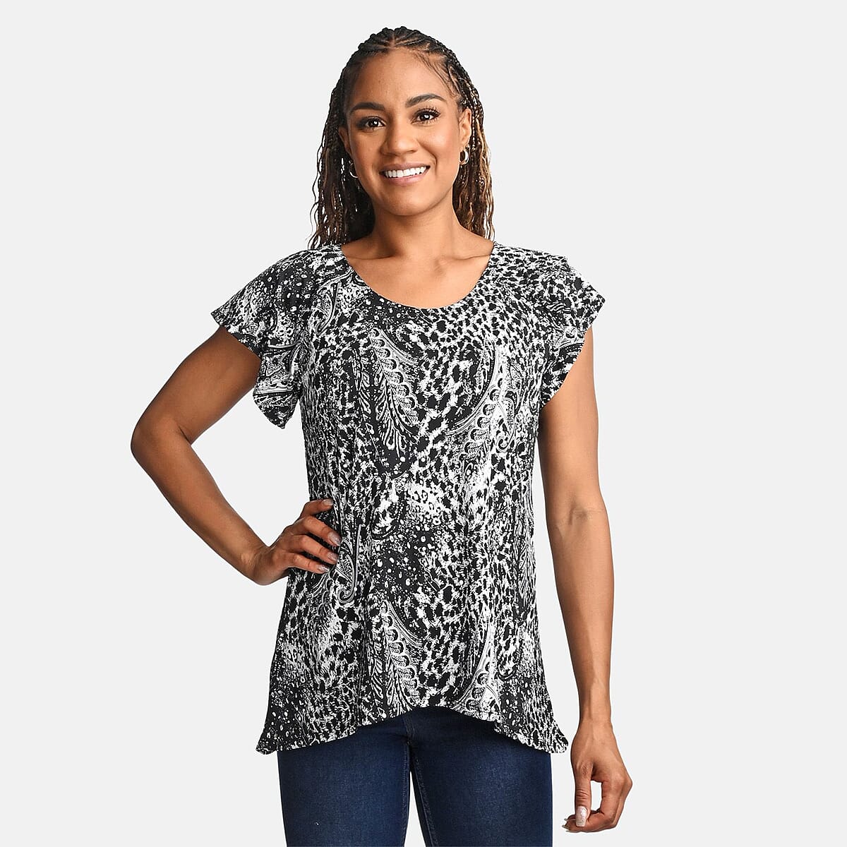 BRITANY BLACK Black Animal Stretch Flutter Sleeve Blouse with Sequin - L image number 3