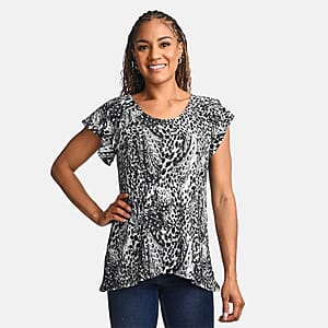 BRITANY BLACK Black Animal Stretch Flutter Sleeve Blouse with Sequin - 3X