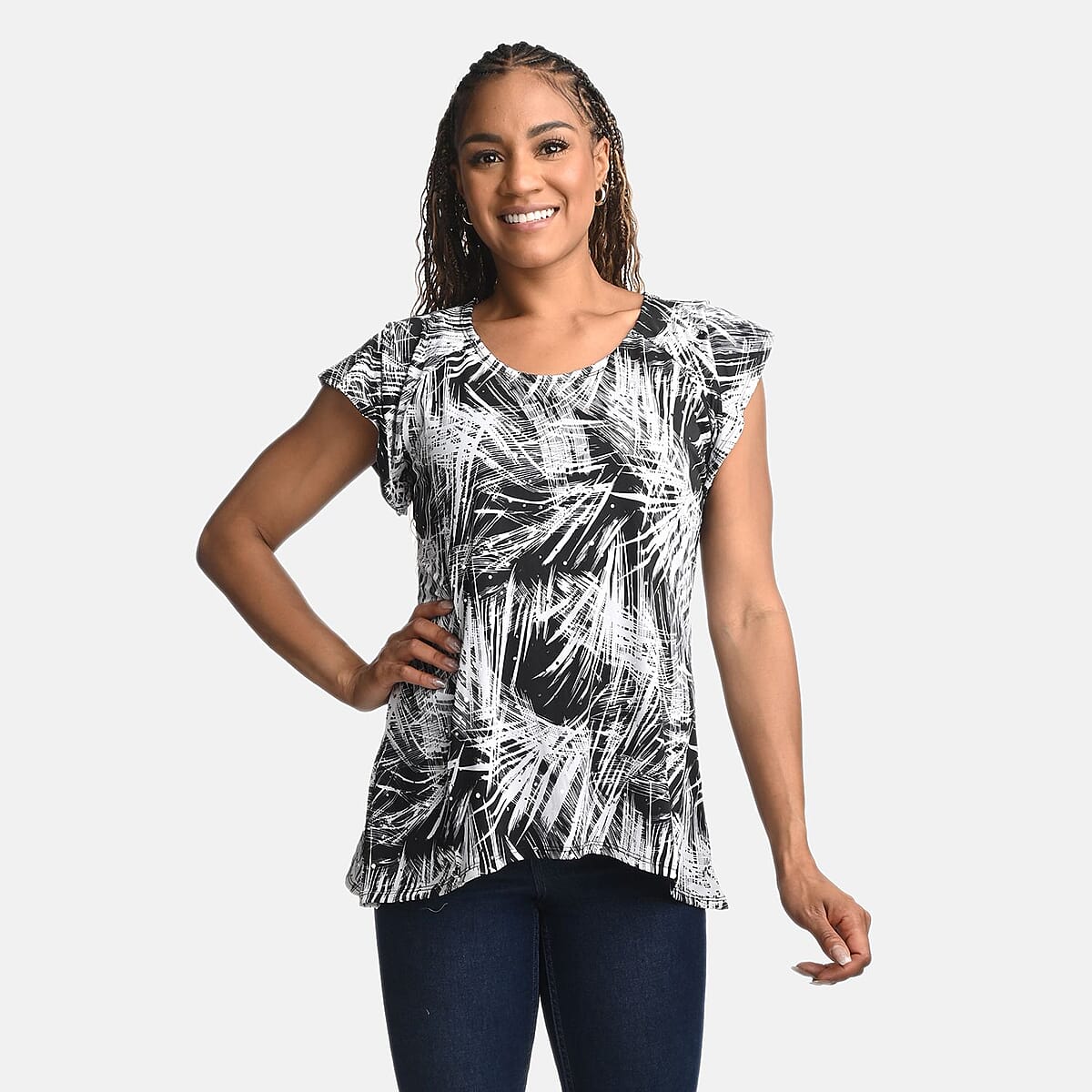 BRITANY BLACK Black Abstract Stretch Flutter Sleeve Blouse with Sequin - L image number 3