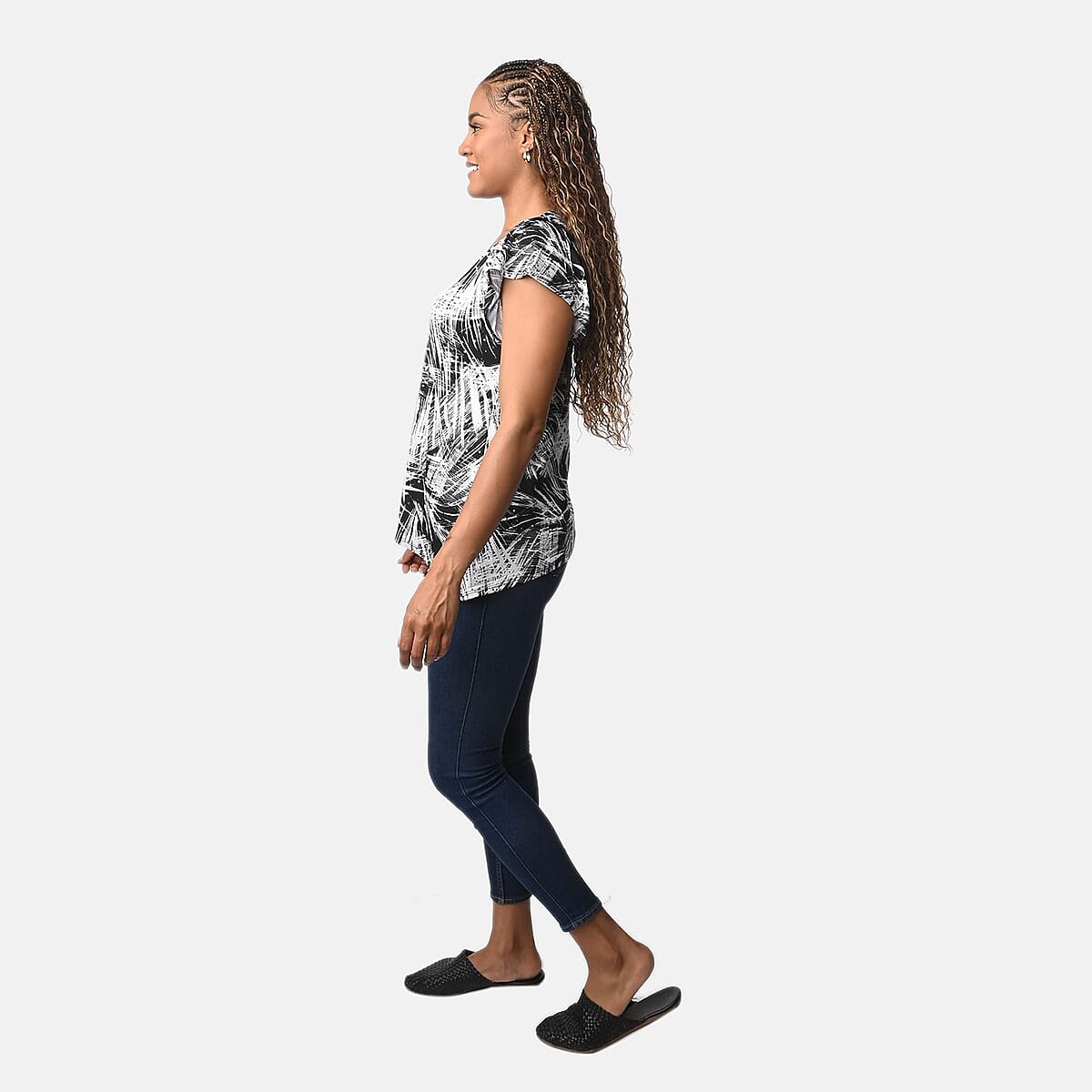 BRITANY BLACK Black Abstract Stretch Flutter Sleeve Blouse with Sequin - XL image number 2