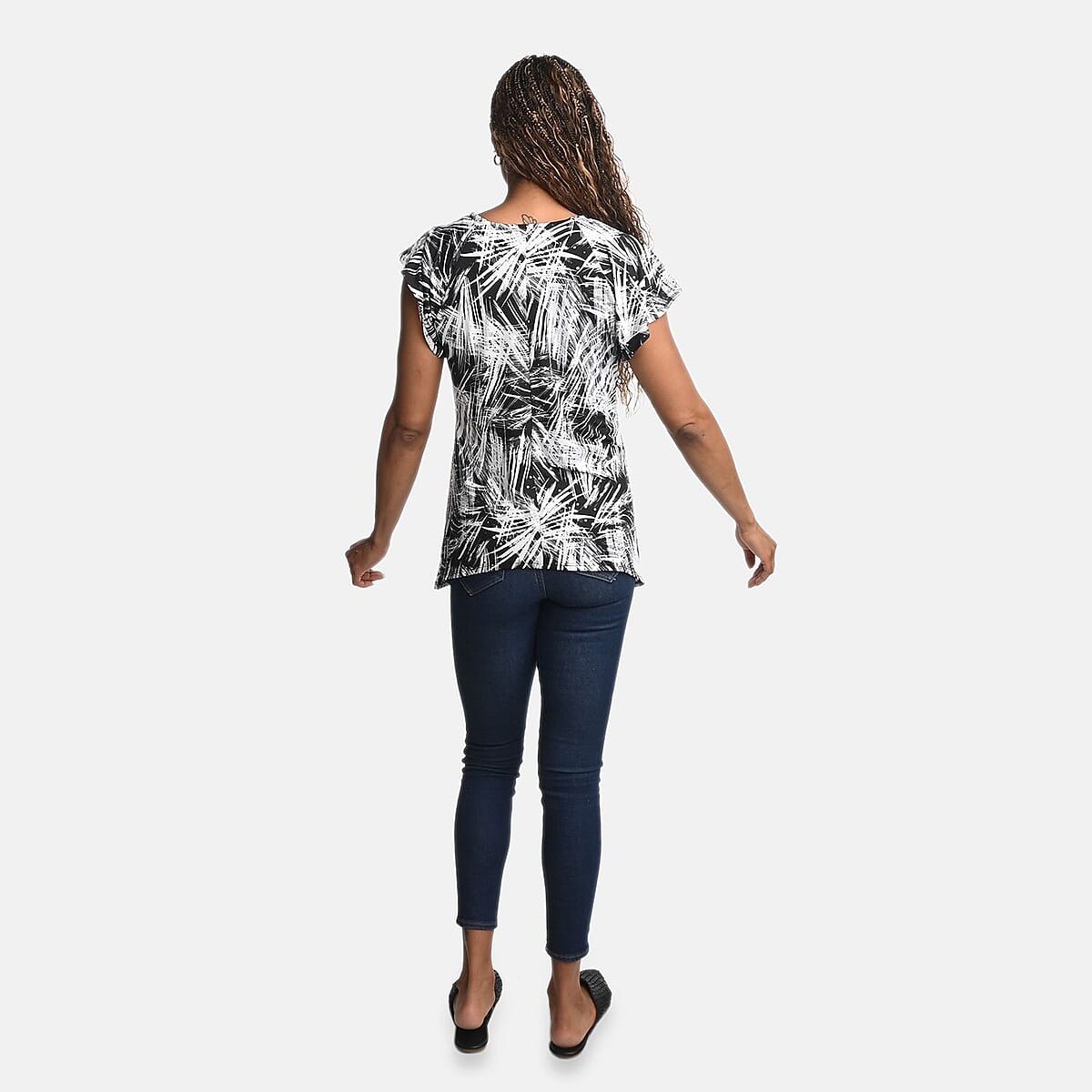 BRITANY BLACK Black Abstract Stretch Flutter Sleeve Blouse with Sequin - 1X image number 1