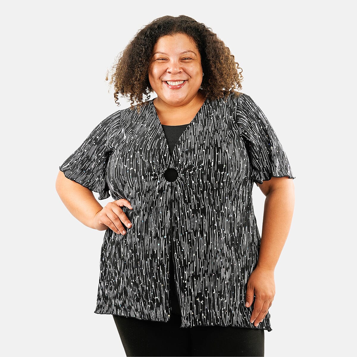 BRITANY BLACK Black Feather Faux Twinset Blouse with Sequin - L image number 0