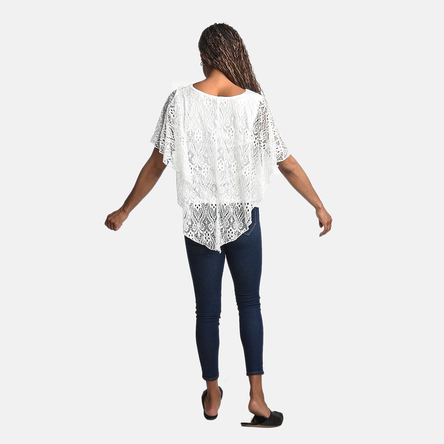 BRITANY BLACK White Stretch Lace 2 Layer Blouse with Sequin - L