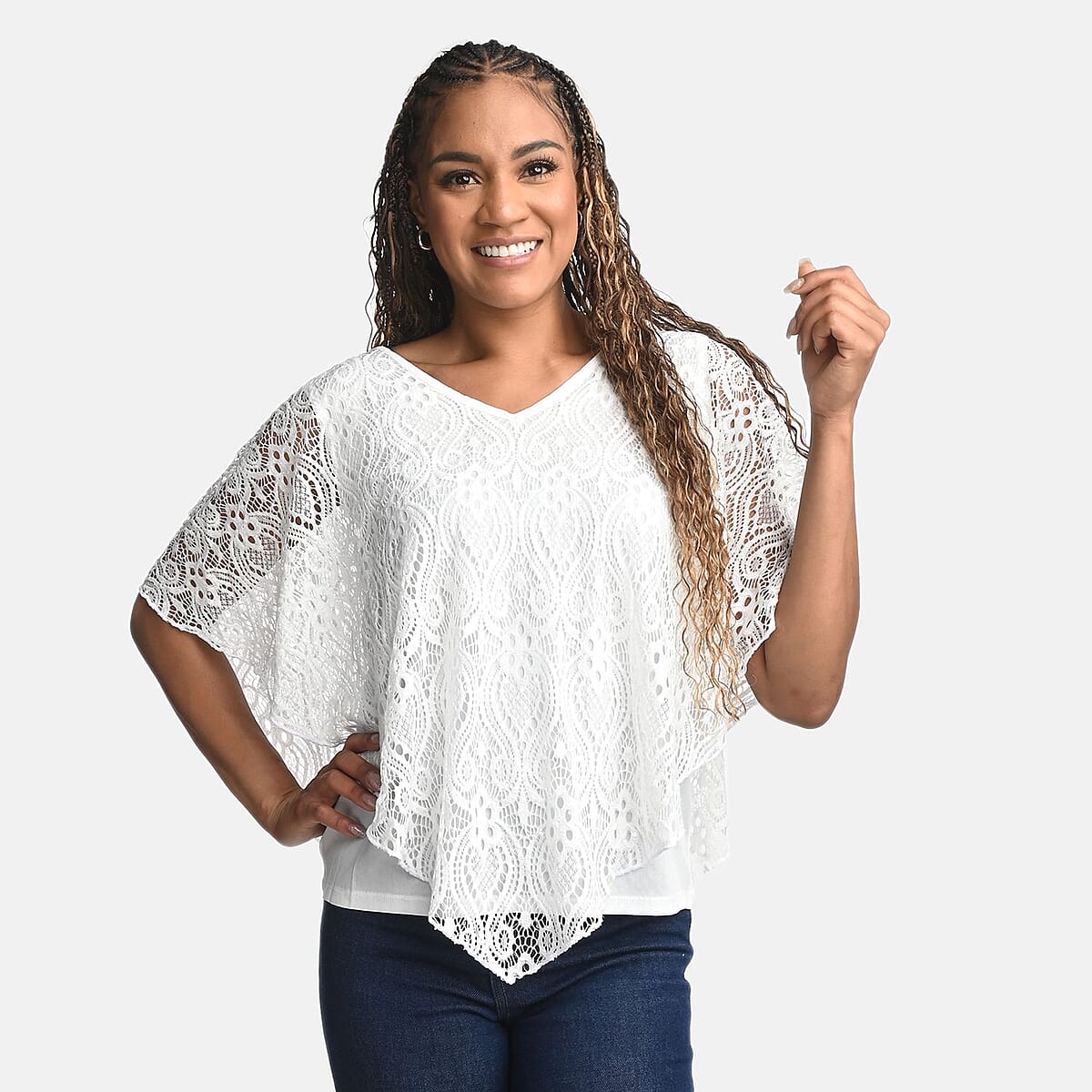 BRITANY BLACK White Stretch Lace 2 Layer Blouse with Sequin - M image number 3