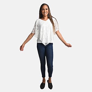 BRITANY BLACK White Stretch Lace 2 Layer Blouse with Sequin - S