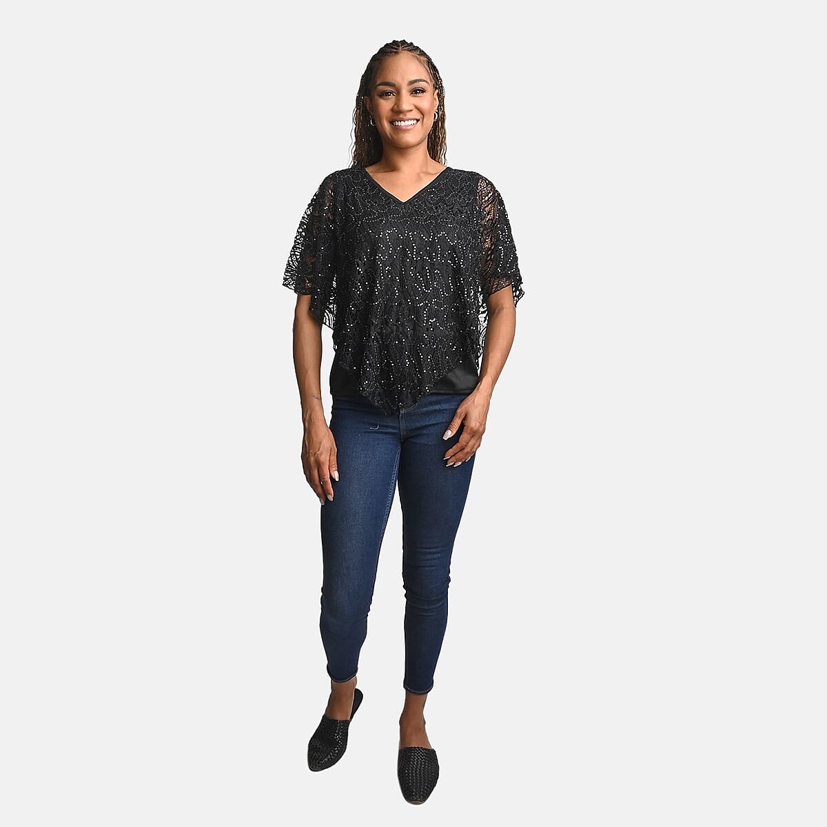 BRITANY BLACK Black Stretch Lace 2 Layer Blouse with Sequin - S image number 0