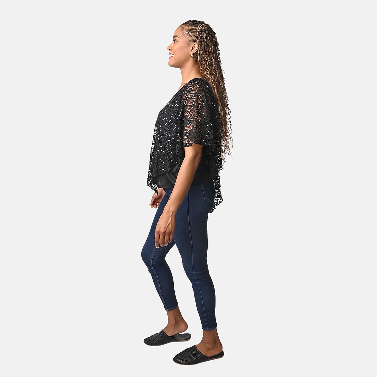 BRITANY BLACK Black Stretch Lace 2 Layer Blouse with Sequin - S image number 2