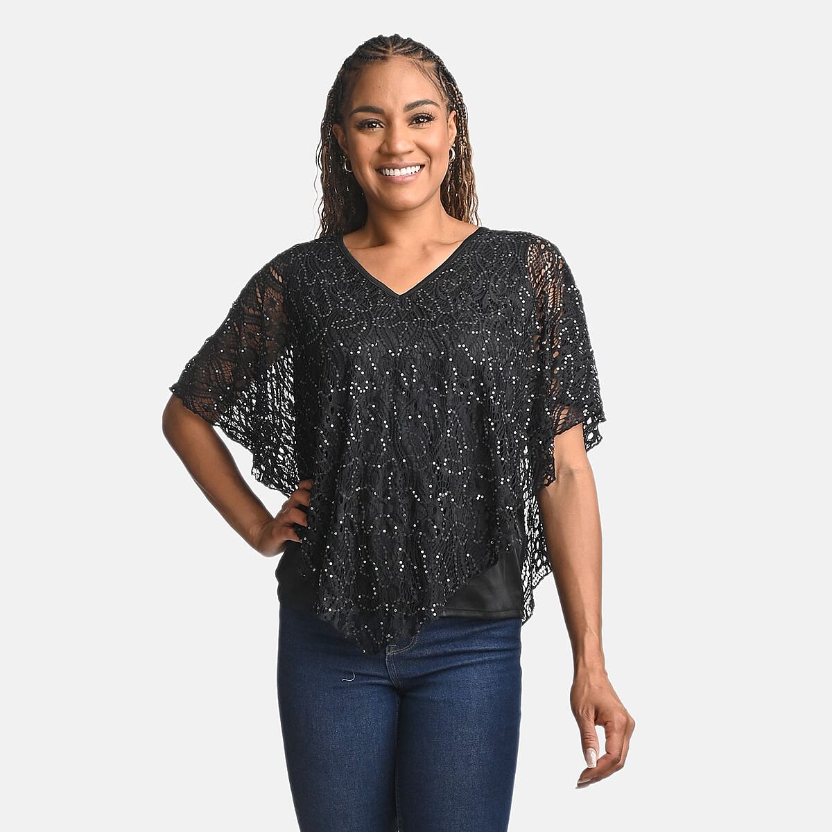 BRITANY BLACK Black Stretch Lace 2 Layer Blouse with Sequin - S image number 3