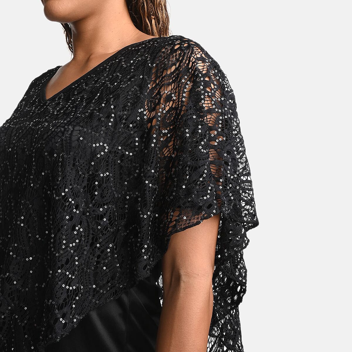 BRITANY BLACK Black Stretch Lace 2 Layer Blouse with Sequin - S image number 4