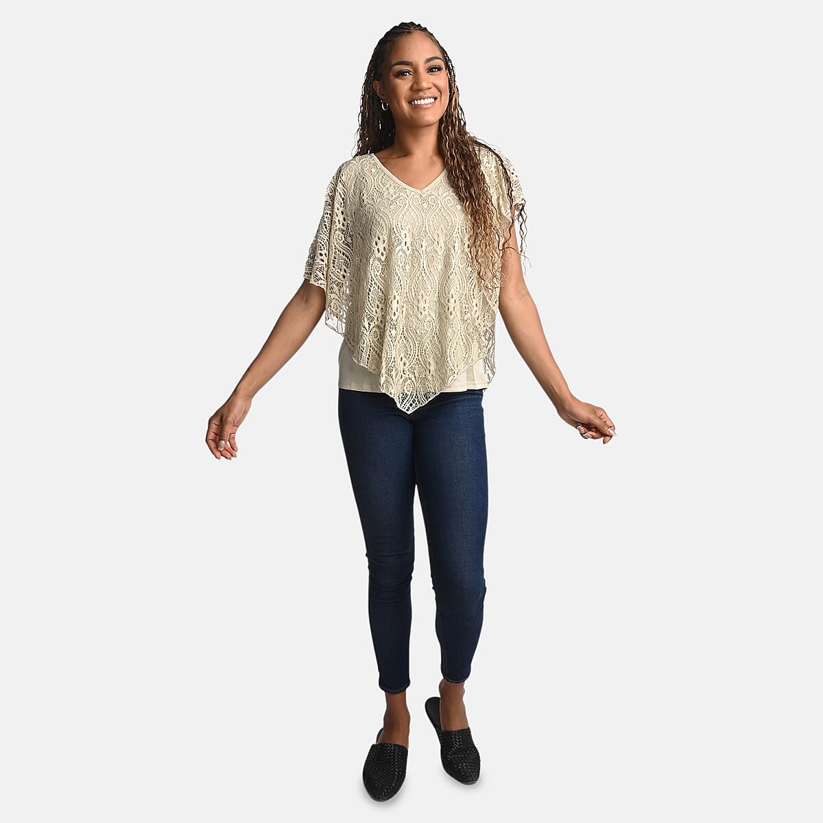 BRITANY BLACK Beige Stretch Lace 2 Layer Blouse with Sequin - L image number 0