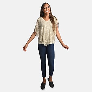 BRITANY BLACK Beige Stretch Lace 2 Layer Blouse with Sequin - L