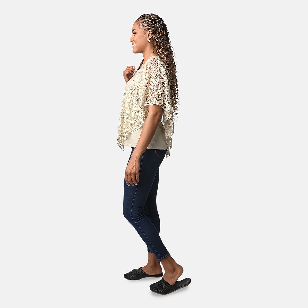 BRITANY BLACK Beige Stretch Lace 2 Layer Blouse with Sequin - L image number 2