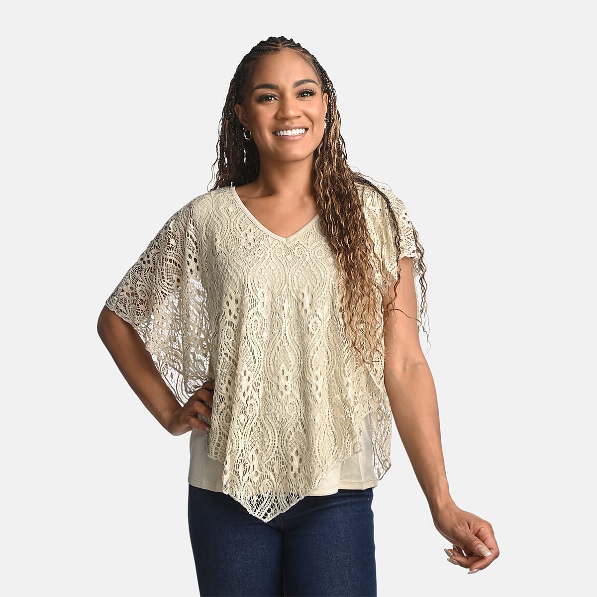 BRITANY BLACK Beige Stretch Lace 2 Layer Blouse with Sequin - L image number 3