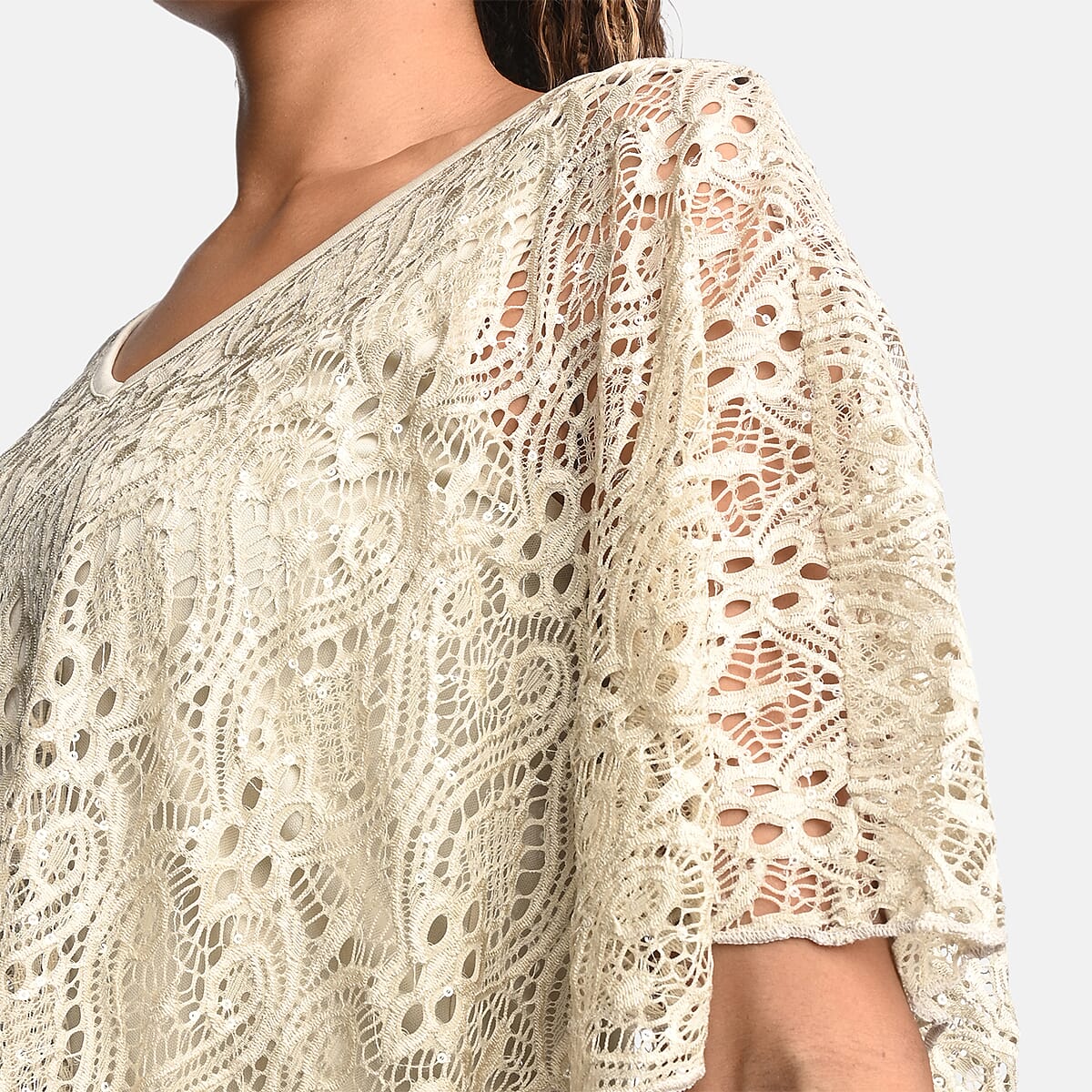 BRITANY BLACK Beige Stretch Lace 2 Layer Blouse with Sequin - L image number 4