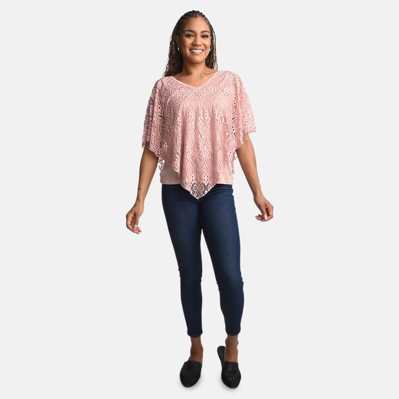 BRITANY BLACK Dusty Rose Stretch Lace 2 Layer Blouse with Sequin - XL