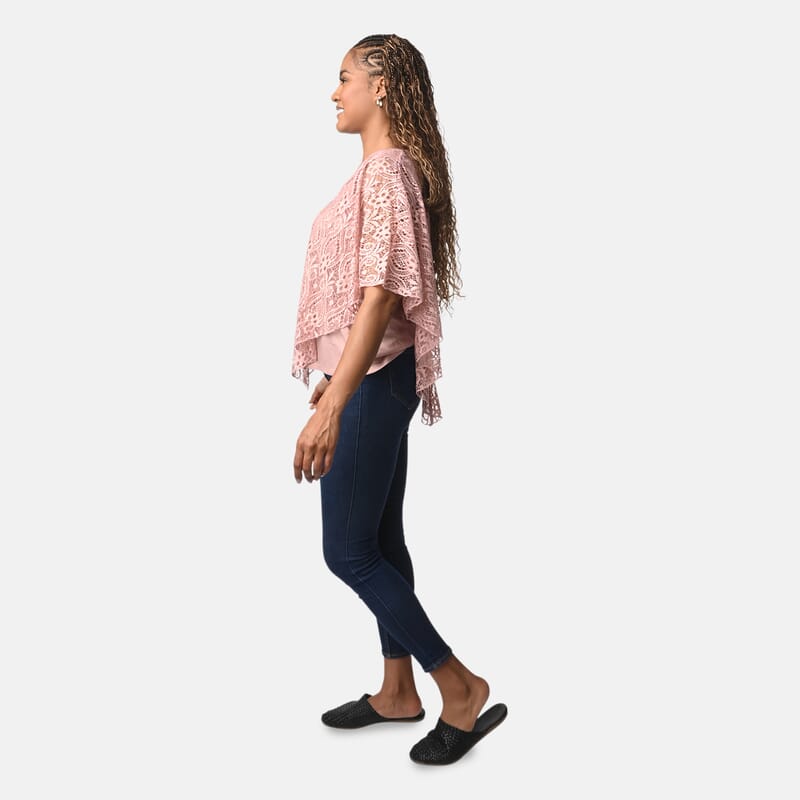 BRITANY BLACK Dusty Rose Stretch Lace 2 Layer Blouse with Sequin - XL