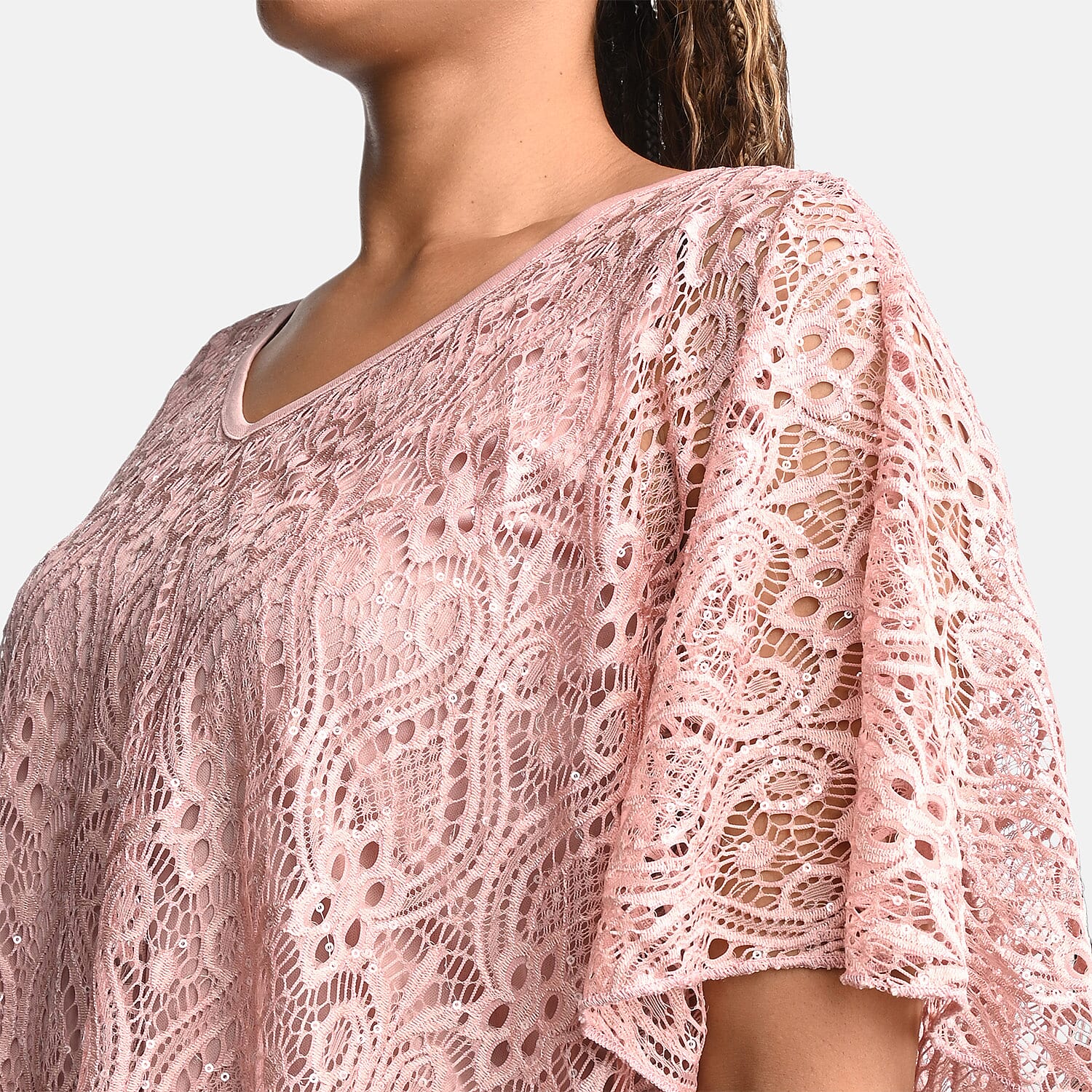 BRITANY BLACK Dusty Rose Stretch Lace 2 Layer Blouse with Sequin - XL
