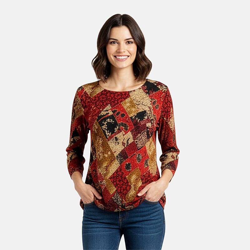 Brittany Black Red Floral Colorblock 3/4 Sleeve Blouse - L