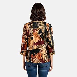 Brittany Black Red Floral Colorblock 3/4 Sleeve Blouse - L