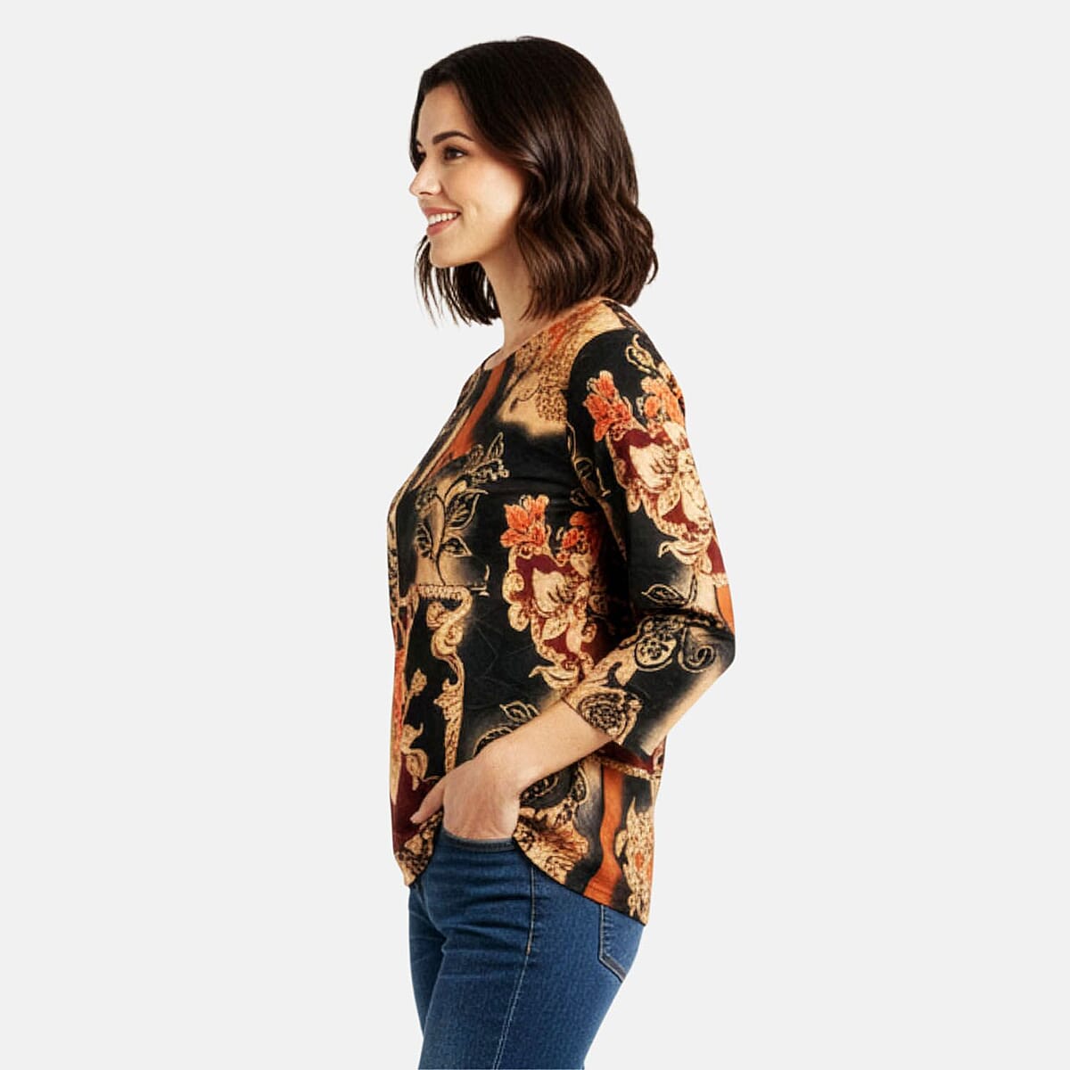 Brittany Black Red Floral Colorblock 3/4 Sleeve Blouse - L image number 3