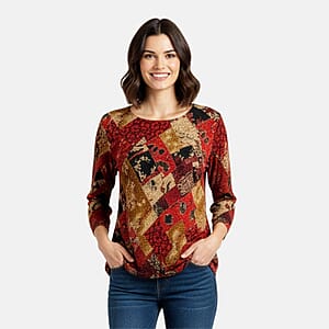 Brittany Black Red Floral Colorblock 3/4 Sleeve Blouse - S
