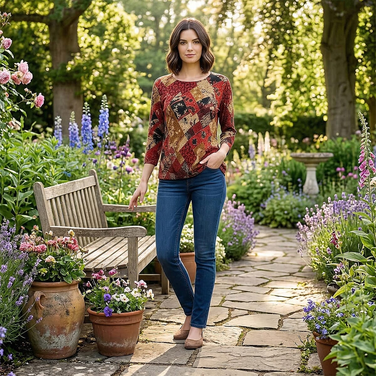 Brittany Black Red Floral Colorblock 3/4 Sleeve Blouse - S image number 1