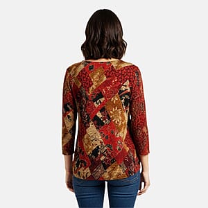 Brittany Black Red Floral Colorblock 3/4 Sleeve Blouse - S