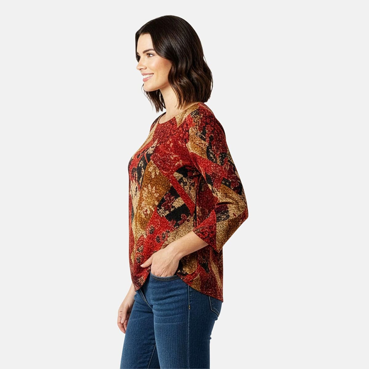 Brittany Black Red Floral Colorblock 3/4 Sleeve Blouse - S image number 3
