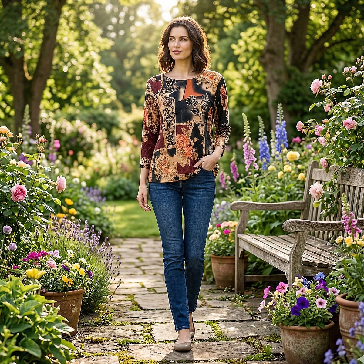 Brittany Black Multi Floral Patchwork 3/4 Sleeve Blouse - M image number 1