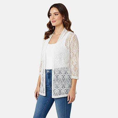 BRITANY BLACK White Long Sleeve Lace Sequin Cardigan - L