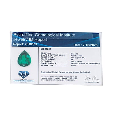 Certified and Appraised AAAA Kafubu Emerald (Pear Free Size) 1.50 ctw