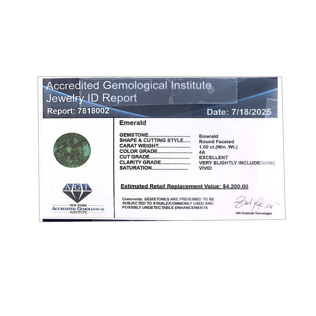 Certified & Appraised AAAA Gemfields Emerald (Rnd Free Size) 1.50 ctw