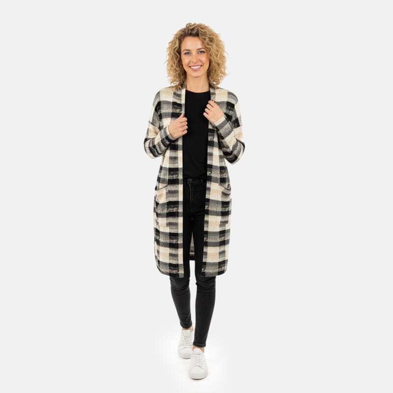 BRITANY BLACK Beige Plaid Long Sleeve Soft Knit Cardigan with Pockets - L