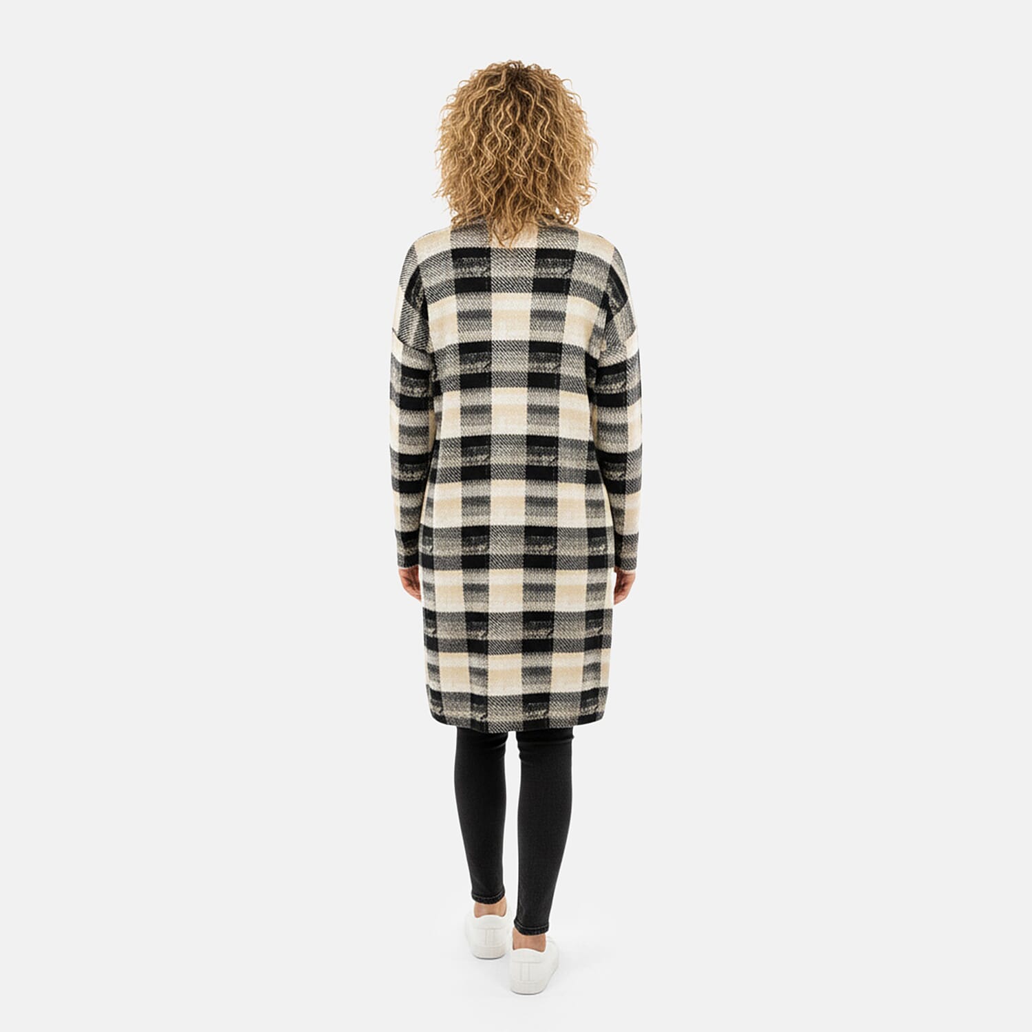 BRITANY BLACK Beige Plaid Long Sleeve Soft Knit Cardigan with Pockets - L