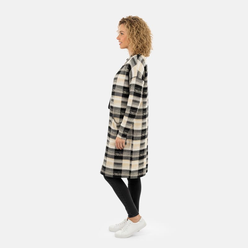 BRITANY BLACK Beige Plaid Long Sleeve Soft Knit Cardigan with Pockets - L