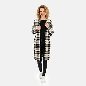 BRITANY BLACK Beige Plaid Long Sleeve Soft Knit Cardigan with Pockets - M
