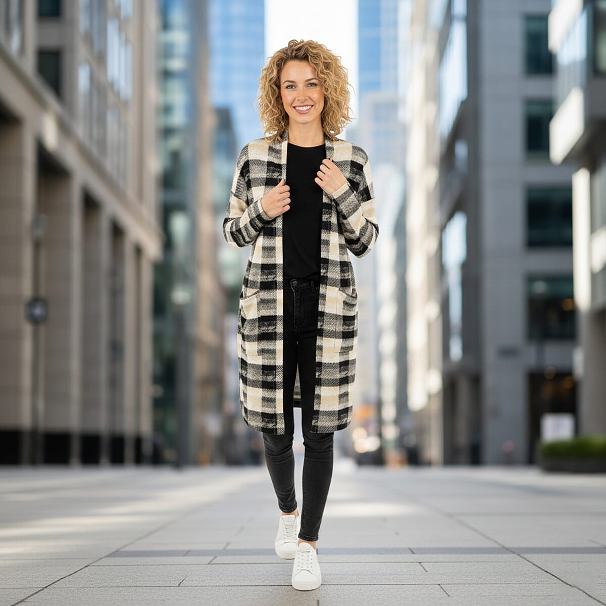 BRITANY BLACK Beige Plaid Long Sleeve Soft Knit Cardigan with Pockets - M image number 1
