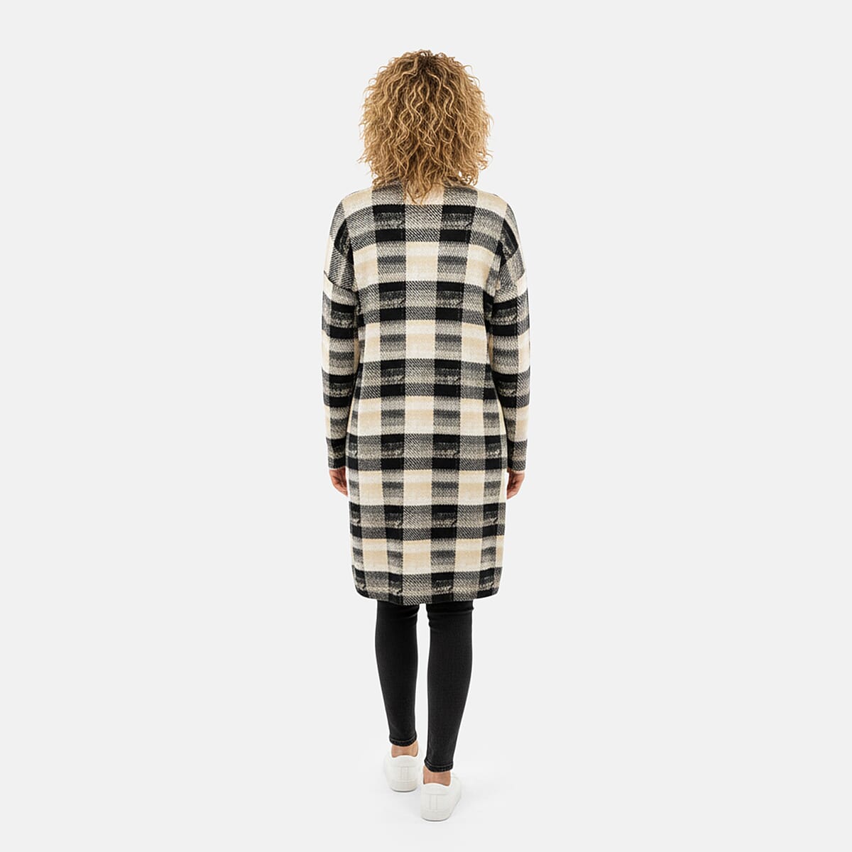 BRITANY BLACK Beige Plaid Long Sleeve Soft Knit Cardigan with Pockets - S image number 1