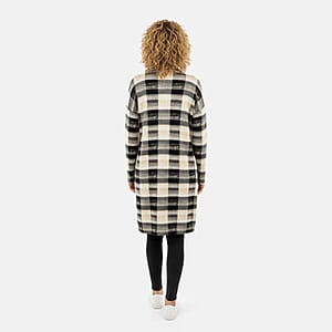 BRITANY BLACK Beige Plaid Long Sleeve Soft Knit Cardigan with Pockets - S