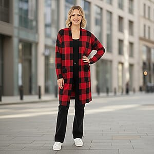 BRITANY BLACK Red Plaid Long Sleeve Soft Knit Cardigan with Pockets - L