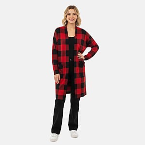 BRITANY BLACK Red Plaid Long Sleeve Soft Knit Cardigan with Pockets - M