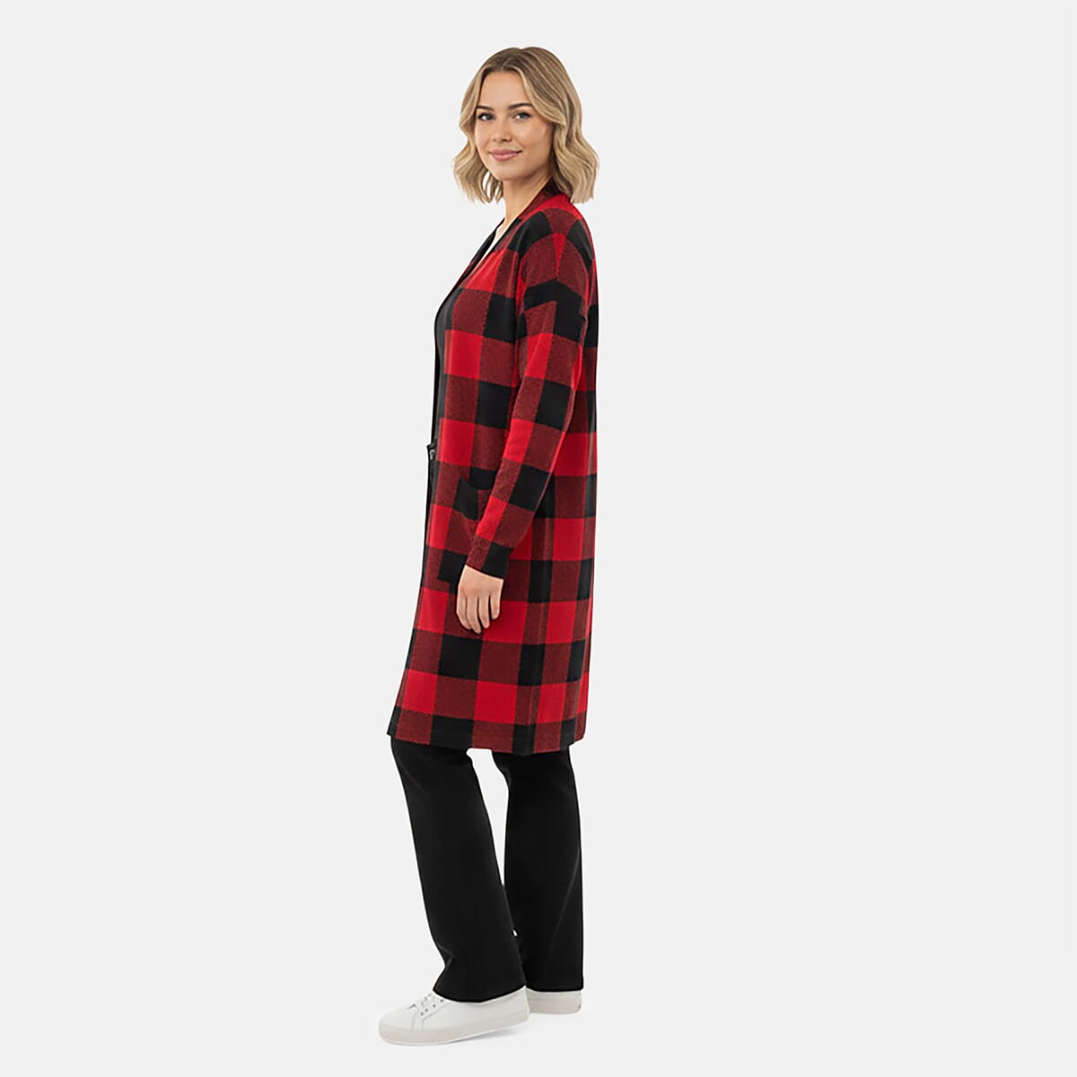 BRITANY BLACK Red Plaid Long Sleeve Soft Knit Cardigan with Pockets - S image number 2