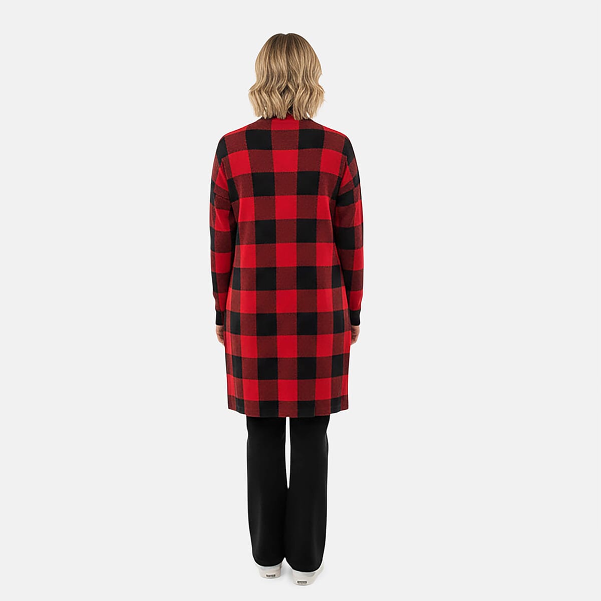 BRITANY BLACK Red Plaid Long Sleeve Soft Knit Cardigan with Pockets - XL image number 1