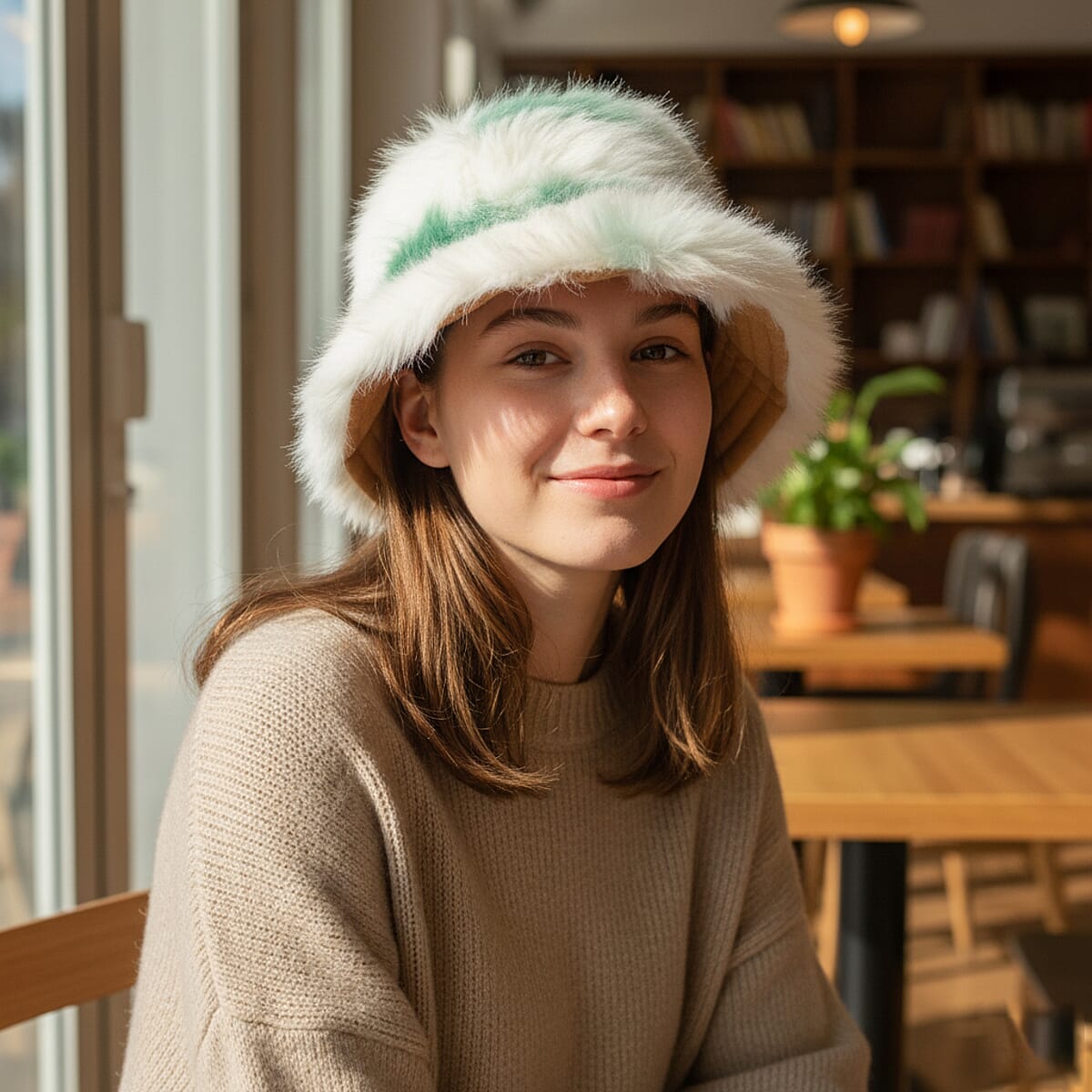 Tamsy Green Faux Fur Hat with Bicolor  image number 1