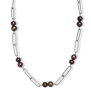 Bronze Dyed Pearl Paper Clip Chain Necklace in Stainless Steel 20 Inches