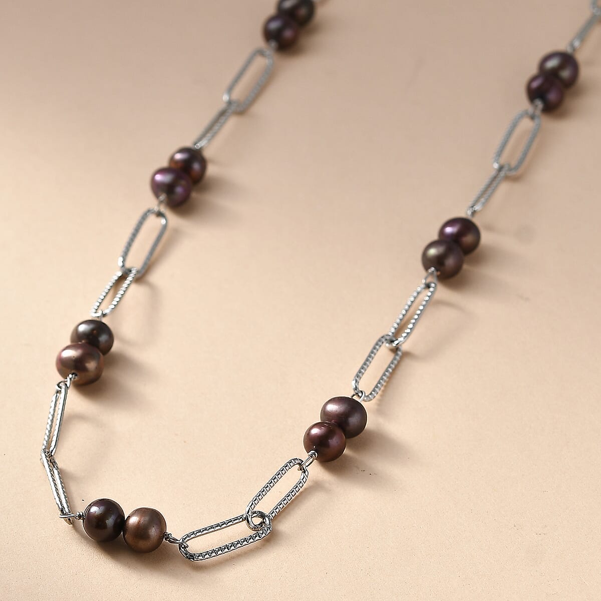 Bronze Dyed Pearl Paper Clip Chain Necklace in Stainless Steel 20 Inches image number 1