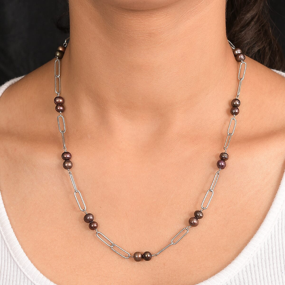 Bronze Dyed Pearl Paper Clip Chain Necklace in Stainless Steel 20 Inches image number 2