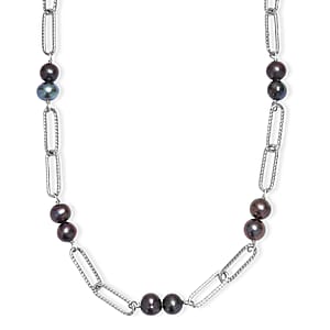 Peacock Dyed Pearl Paper Clip Chain Necklace in Stainless Steel 20 Inches