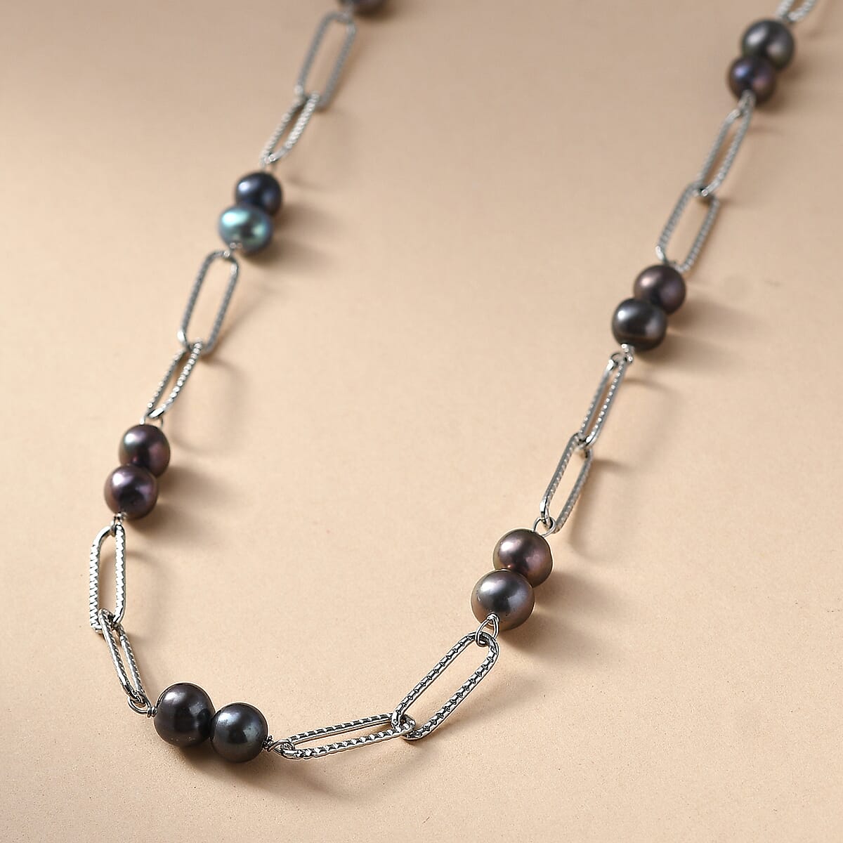 Peacock Dyed Pearl Paper Clip Chain Necklace in Stainless Steel 20 Inches image number 1